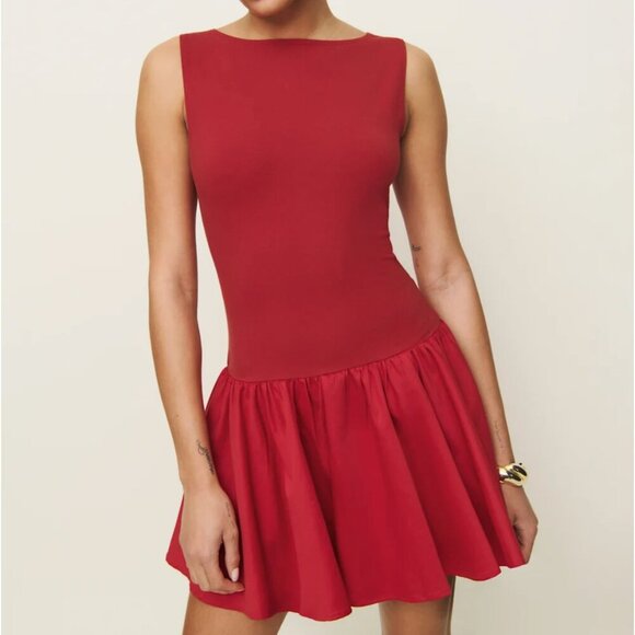 Reformation Red Mini Dress Defina Knit Dress Drop Waist Large - Picture 2 of 8